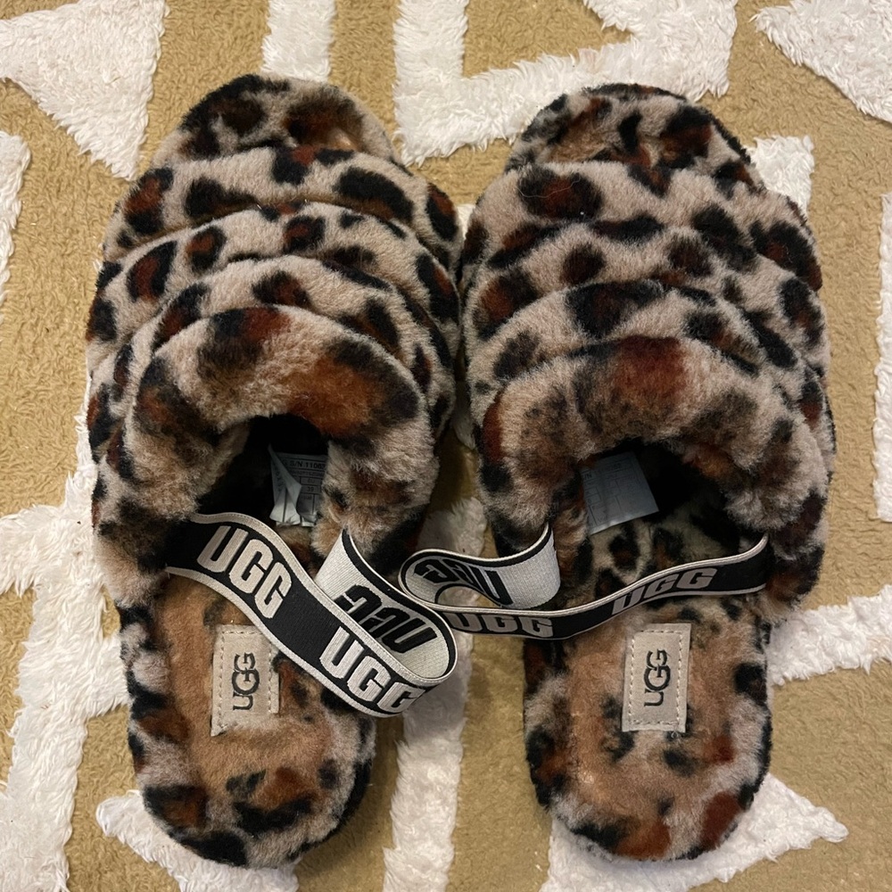 UGG Animal Print Fuzzy Slippers with Branded Strap